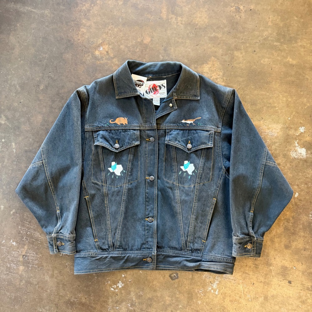 Vintage 90s Ginos Denim Jacket Painted Texas Graphic Animal Embroidery Medium